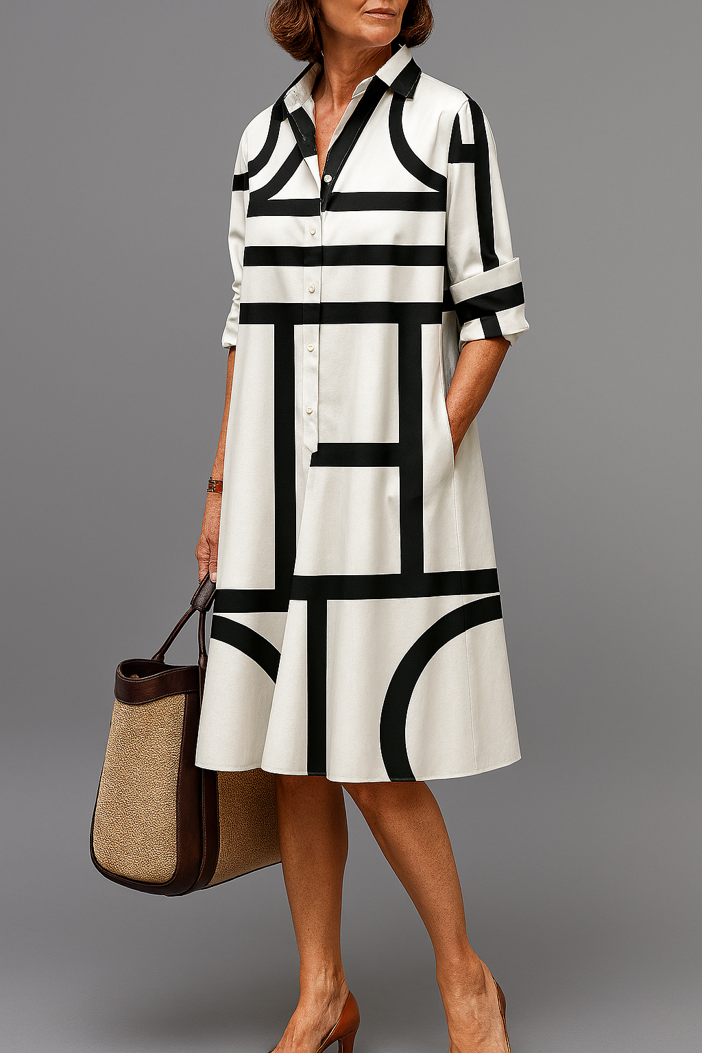 Graphic Print Collared Midi Dress