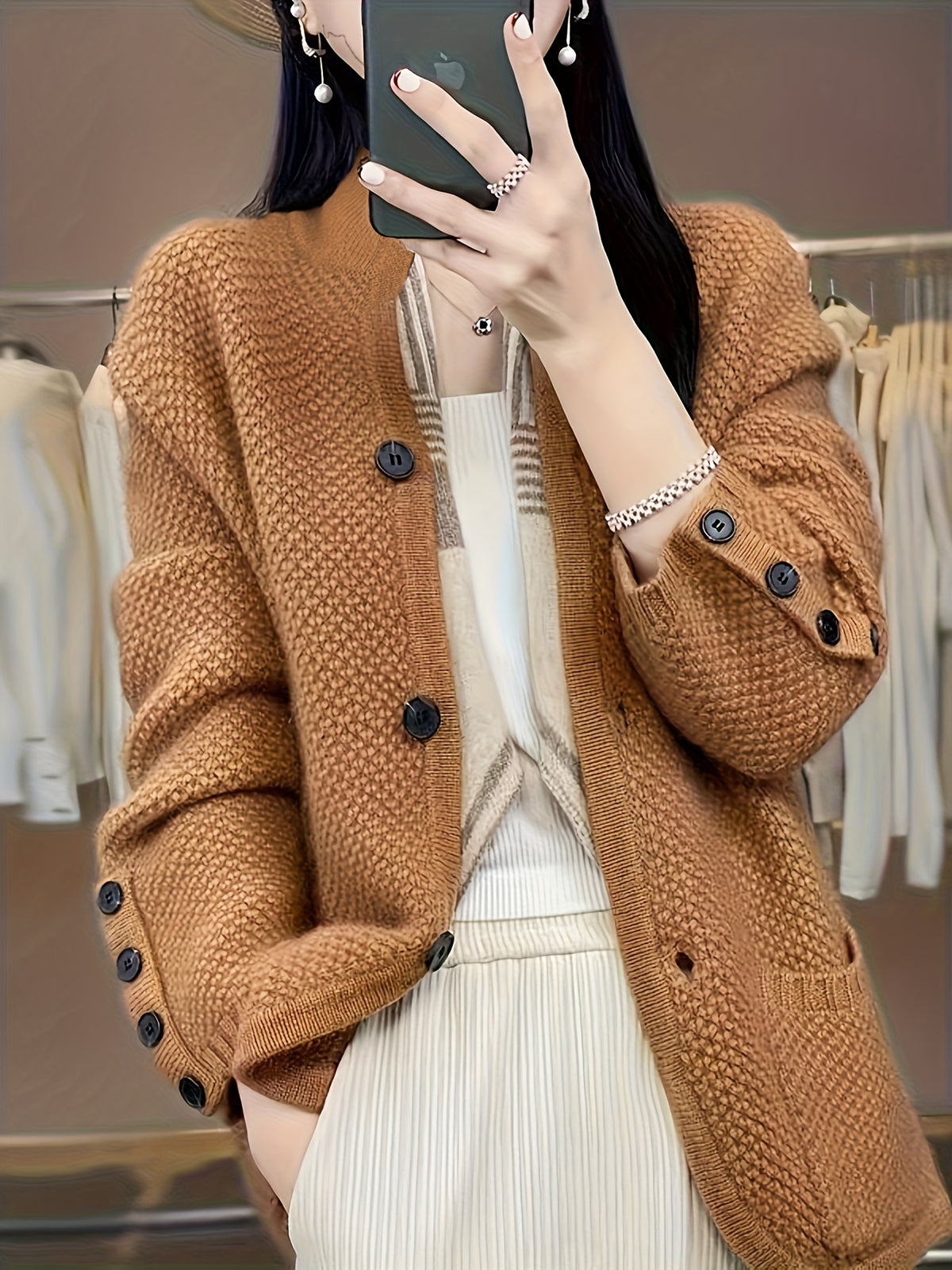 Women's High-Neck Button Cardigan with Pockets