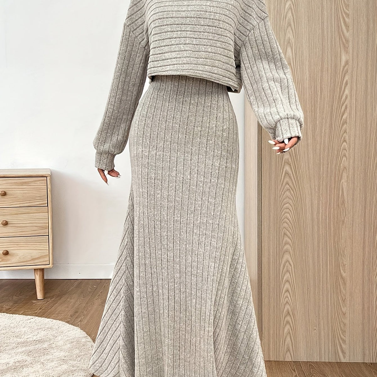 Women's Ribbed Knit Crop Top and Maxi Skirt Set