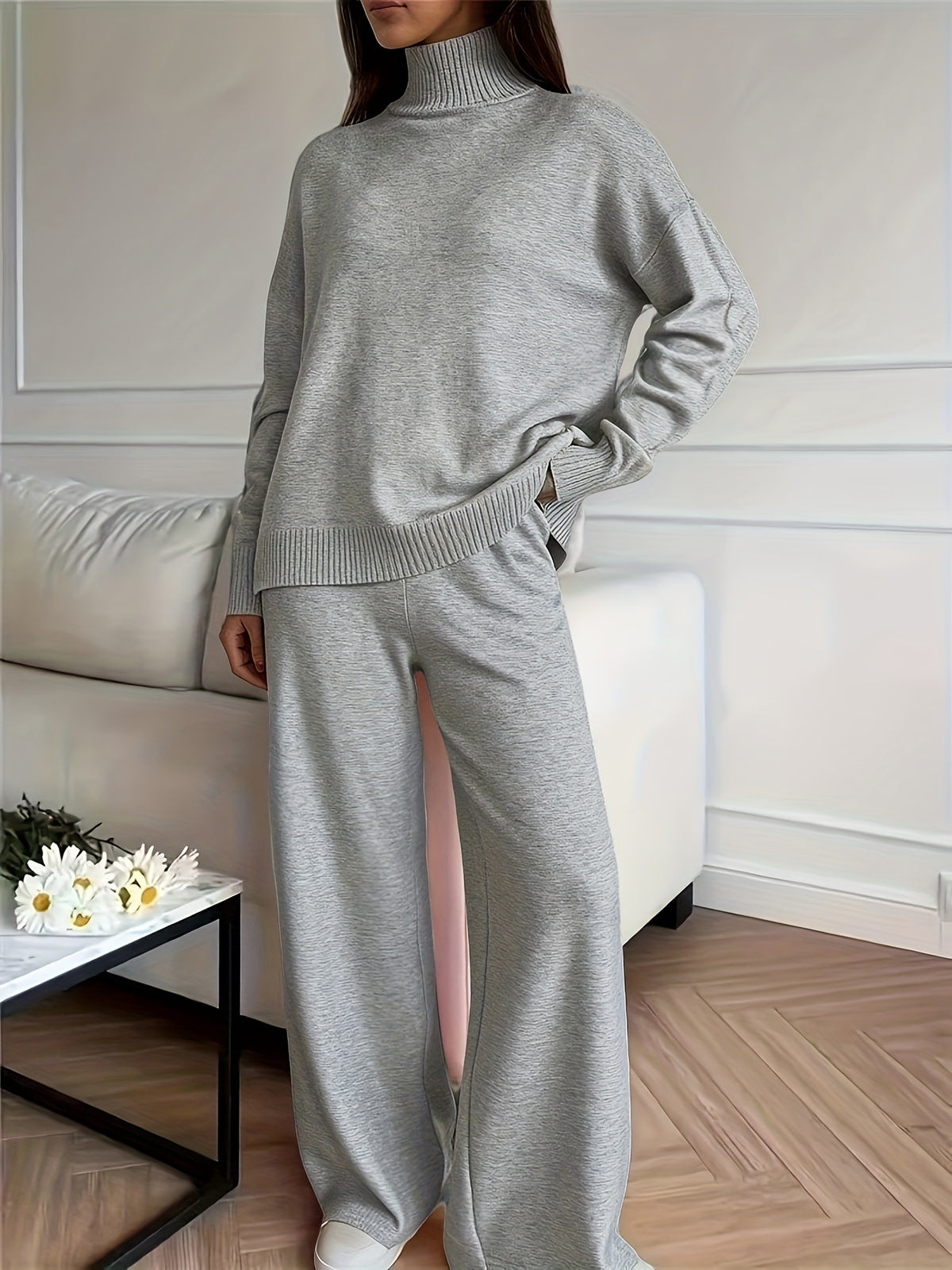 Women's Turtleneck Knit Jumper and Wide-Leg Trousers Set