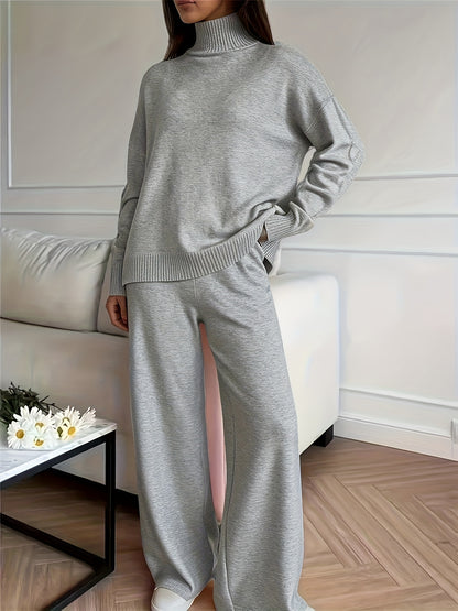 Women's Turtleneck Knit Jumper and Wide-Leg Trousers Set