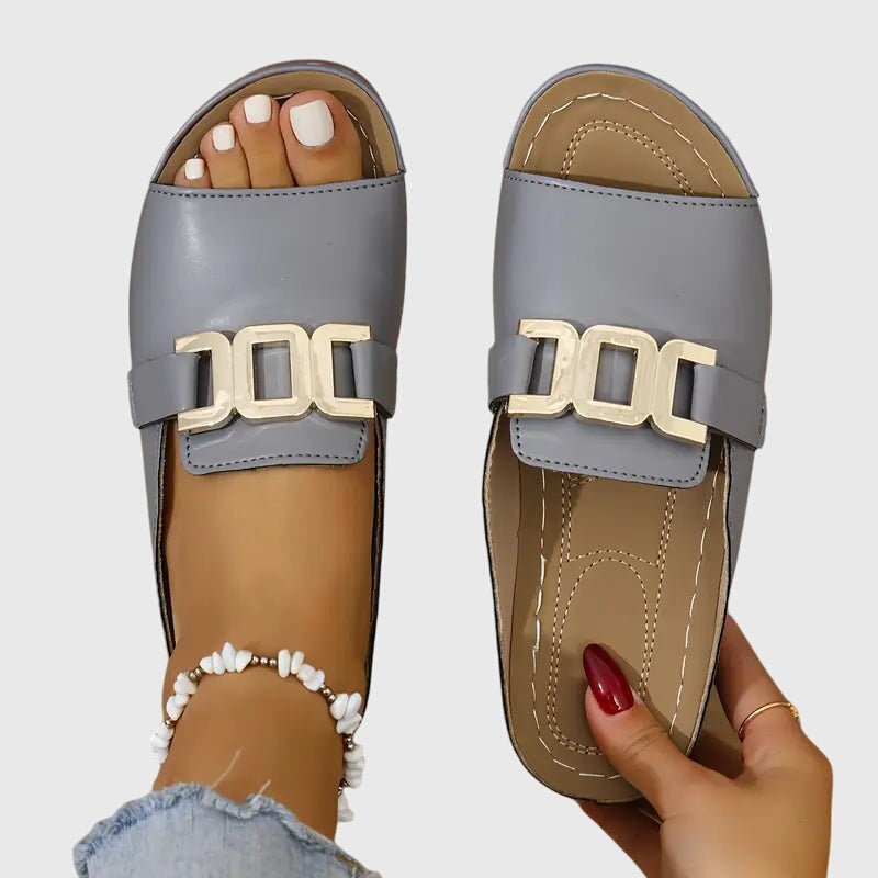 Open Toe Buckle Sandals With Gold Detail