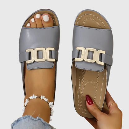 Open Toe Buckle Sandals With Gold Detail