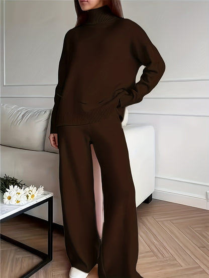 Women's Turtleneck Knit Jumper and Wide-Leg Trousers Set