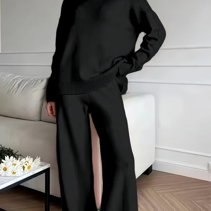 Women's Turtleneck Knit Jumper and Wide-Leg Trousers Set