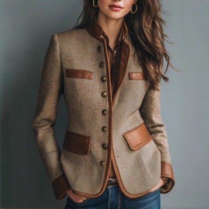 Women's Tweed Blazer With Leather Trim Detail