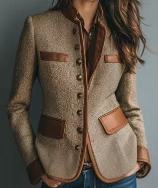 Women's Tweed Blazer With Leather Trim Detail