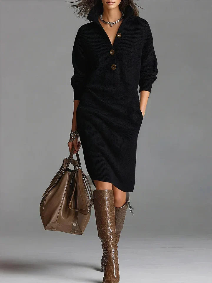 Ribbed Polo Neck Button Midi Dress