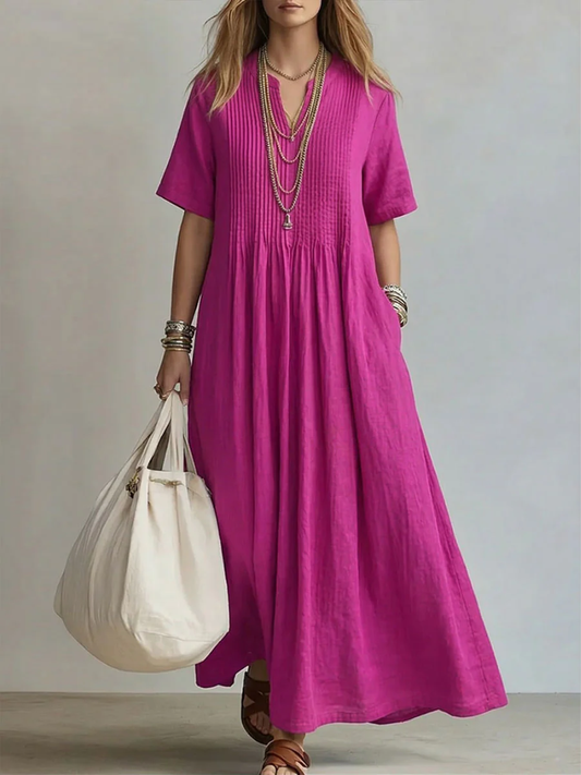 V Neck Linen Maxi Dress With Pockets