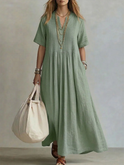 V Neck Linen Maxi Dress With Pockets