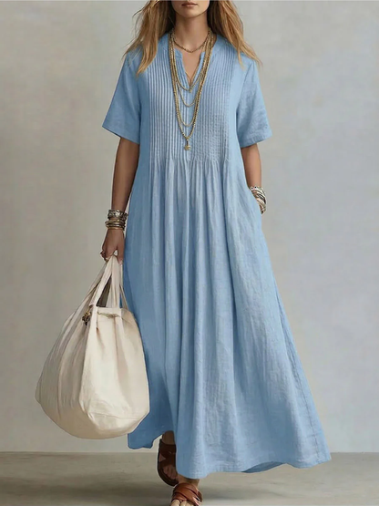 V Neck Linen Maxi Dress With Pockets