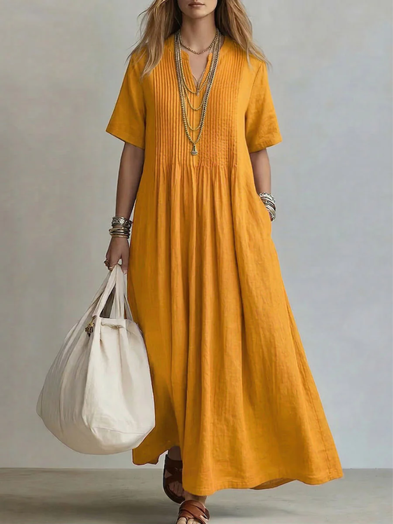 V Neck Linen Maxi Dress With Pockets