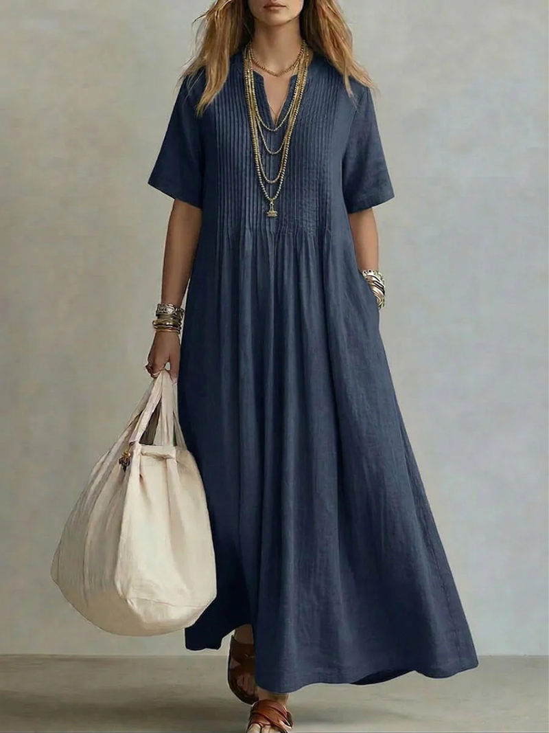 V Neck Linen Maxi Dress With Pockets