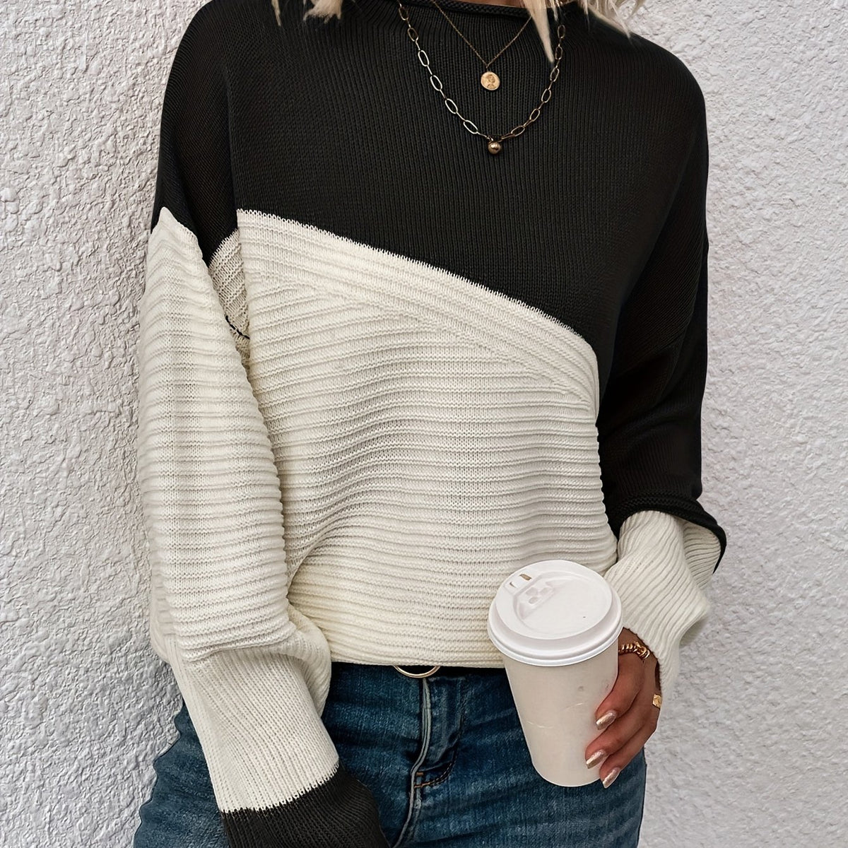 Women's Colour Block Turtleneck Knit Jumper