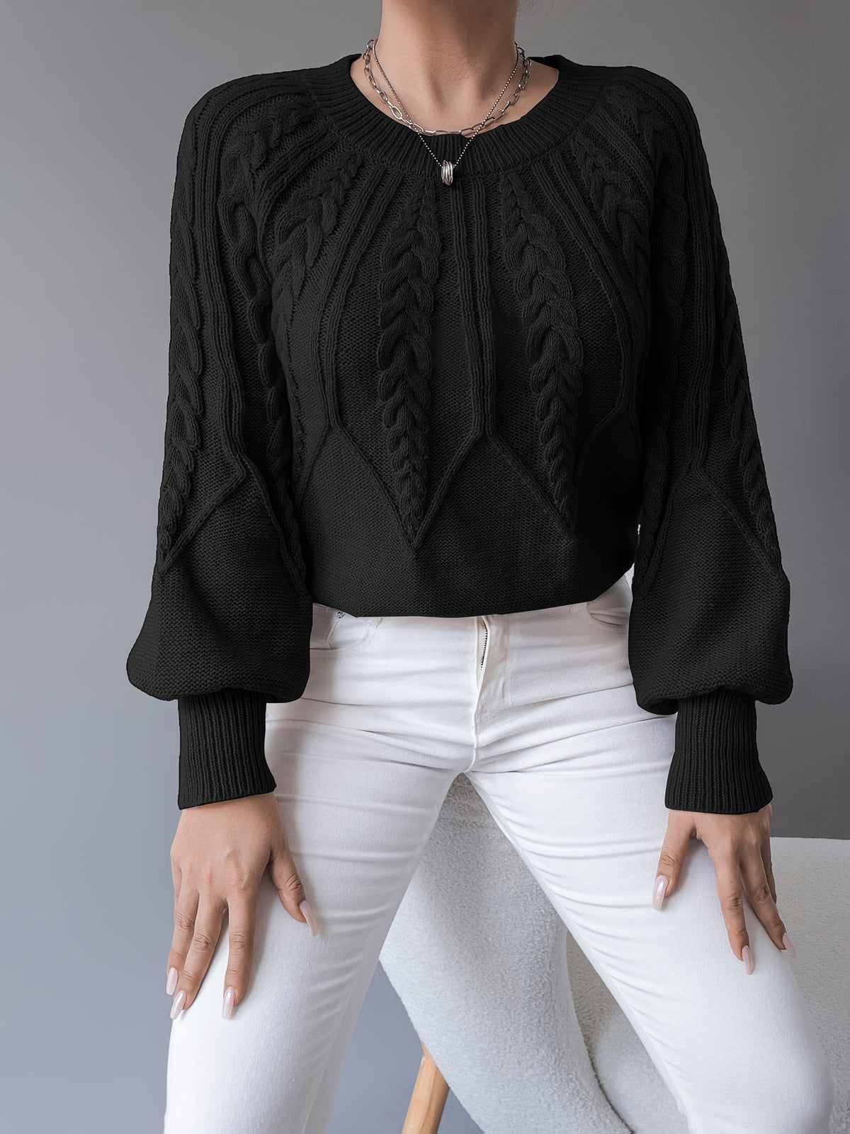 Women's Cable Knit Lantern Sleeve Jumper