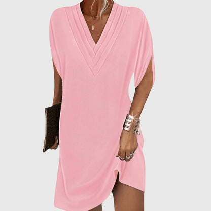 V Neck Dress with Draped Silhouette and Sleeve Cut Outs