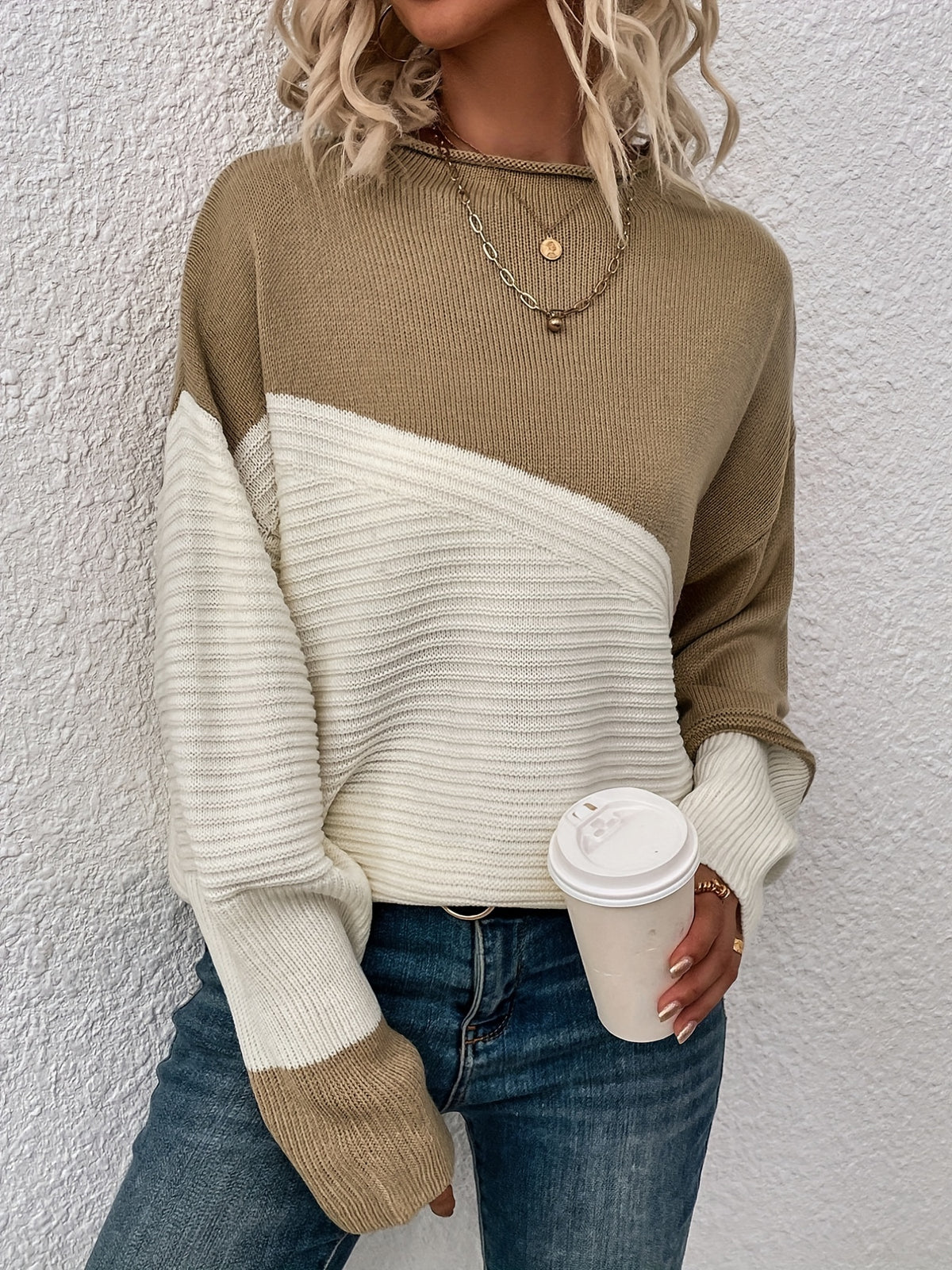 Women's Colour Block Turtleneck Knit Jumper