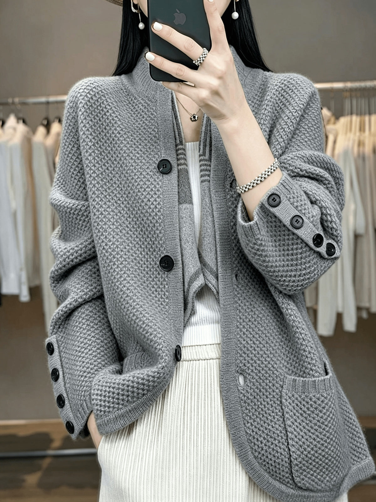 Women's High-Neck Button Cardigan with Pockets