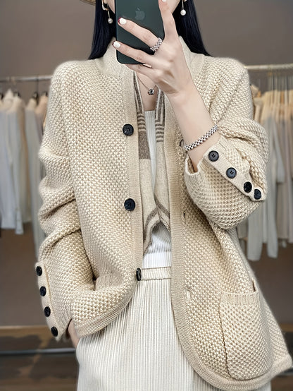 Women's High-Neck Button Cardigan with Pockets