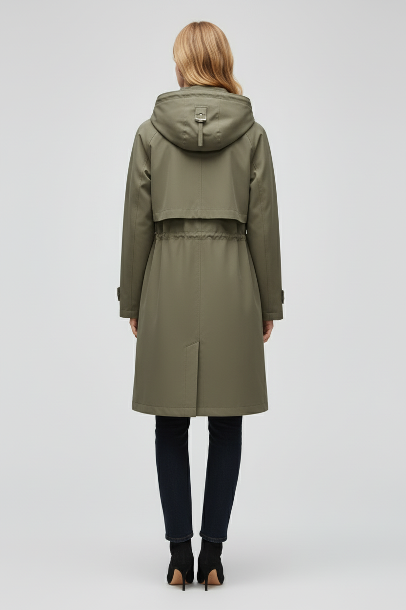 Long Womens Trench Coat with Hood Adjustable Waist and Zip Front