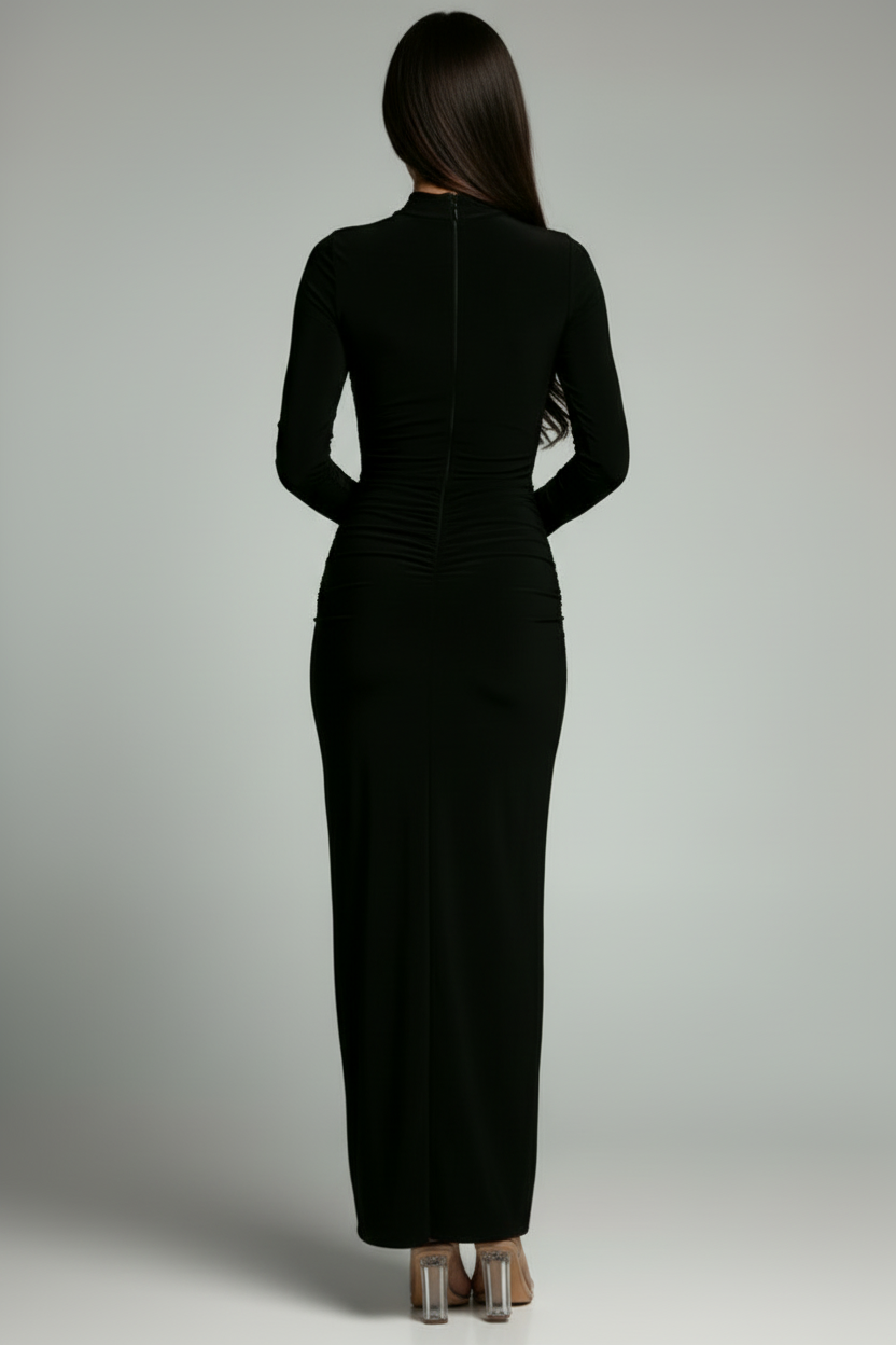 Maxi Womens Dress with High Neckline and Side Slit Detail