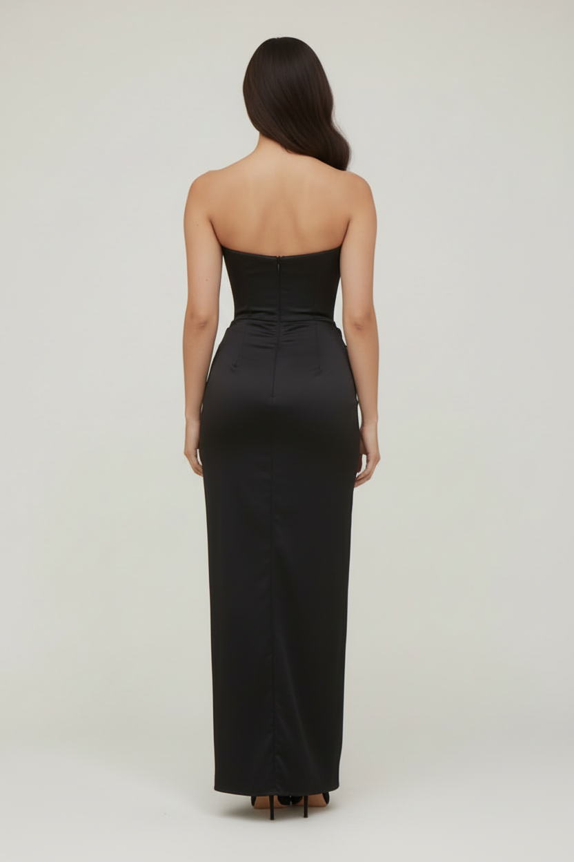 Strapless Long Womens Dress with Fitted Structure and Side Slit