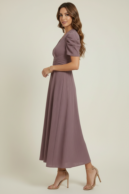 Women’s V-Neck Midi Dress with Ruched Waist and Short Sleeves