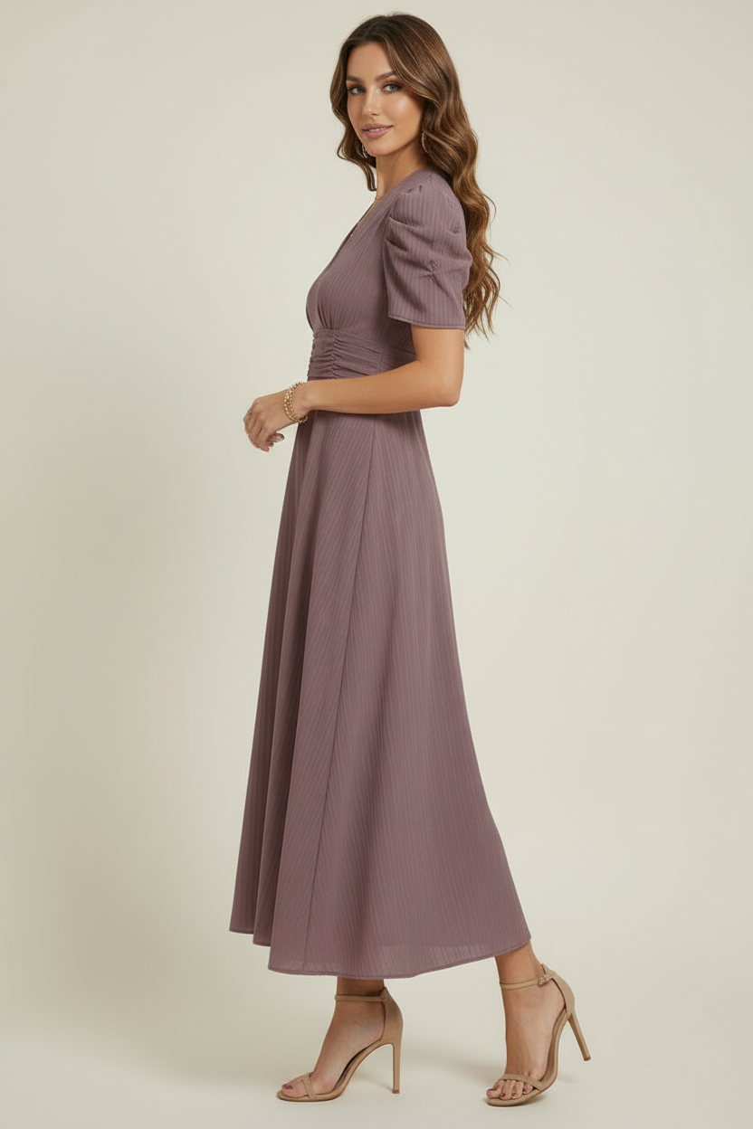 Women’s V-Neck Midi Dress with Ruched Waist and Short Sleeves