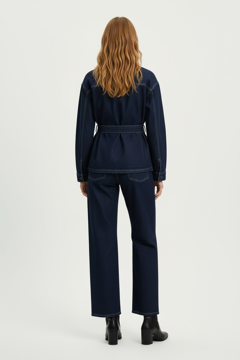Belted Denim Jacket and Straight Leg Jeans Two Piece Set