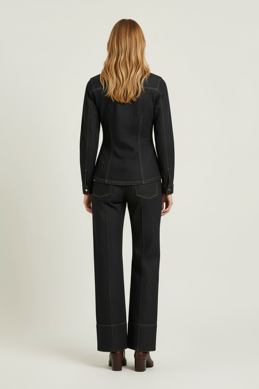 Classic Denim Two Piece Set with Button Jacket and Straight Pants