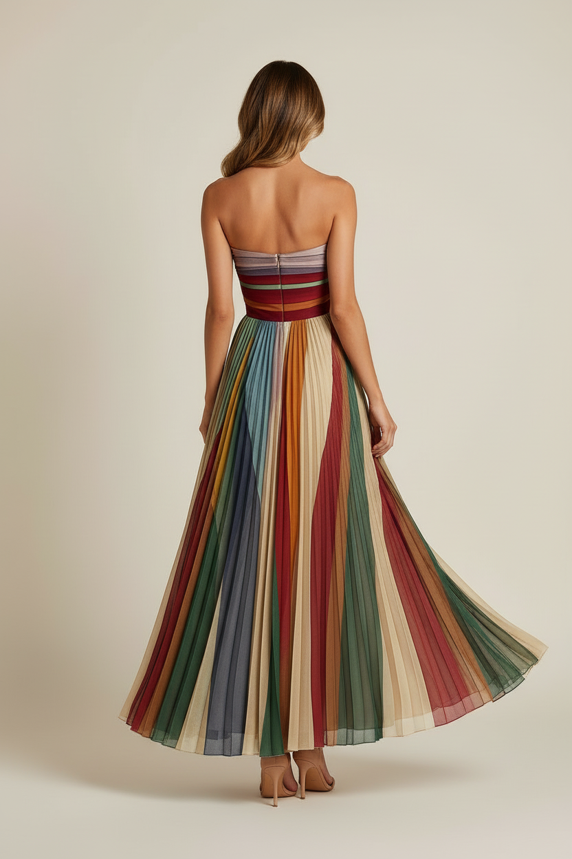 Pleated Strapless Maxi Dress in Jewel Tones