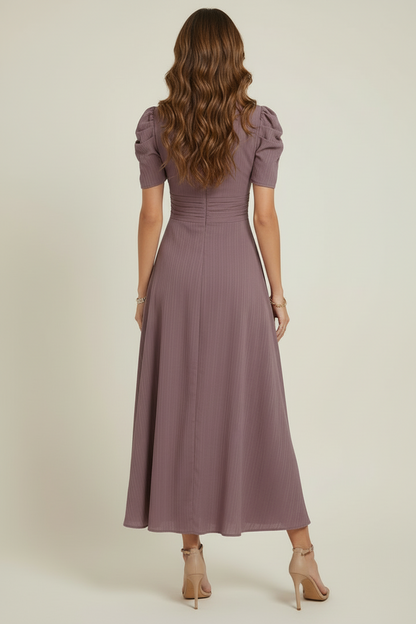Women’s V-Neck Midi Dress with Ruched Waist and Short Sleeves