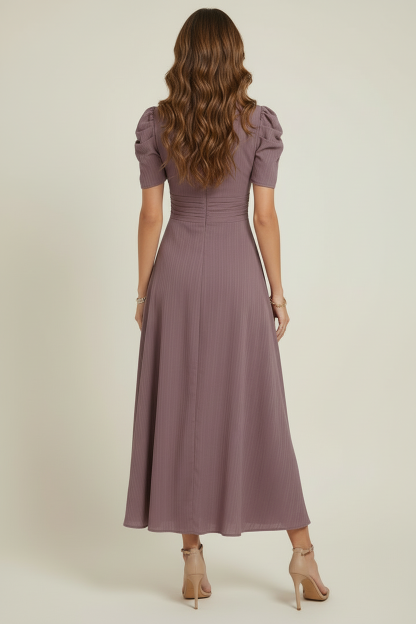Women’s V-Neck Midi Dress with Ruched Waist and Short Sleeves