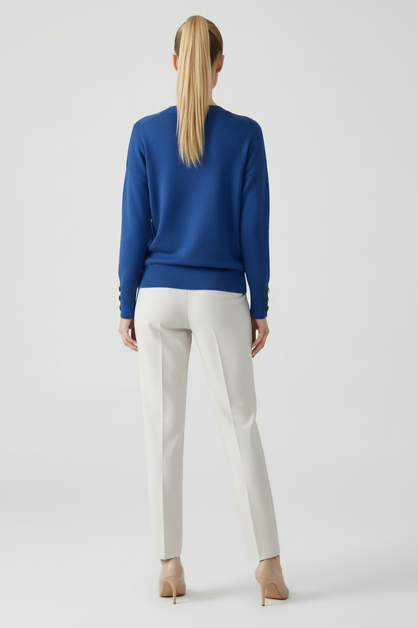V Neck Womens Sweater with Dropped Shoulders and Buttoned Cuffs