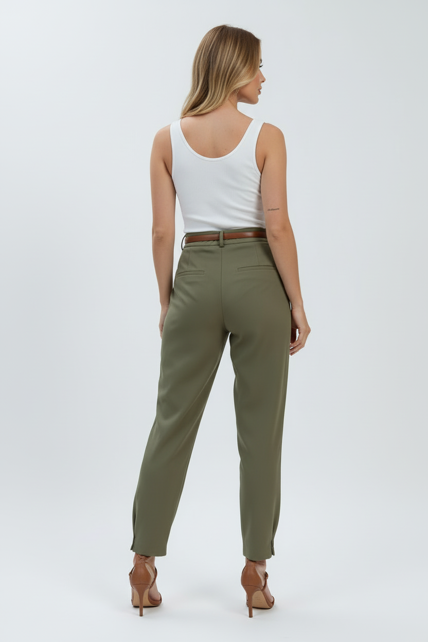 High Rise Tapered Pants with Belt and Front Pleats