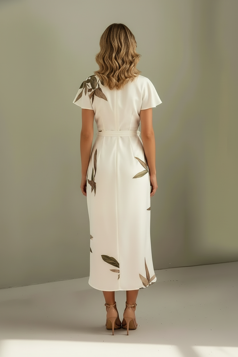Leaf Print Wrap Dress with Flowing Silhouette