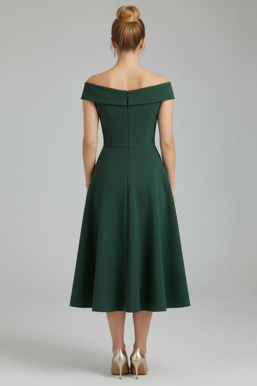 Off Shoulder Midi Dress with Shaped Bodice and Flared Skirt