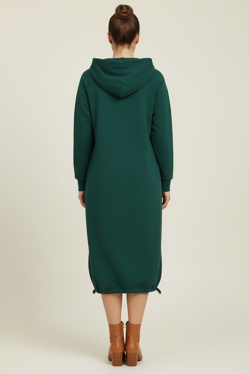 Hooded Knee Length Dress with Drawstring Hem and Front Pocket