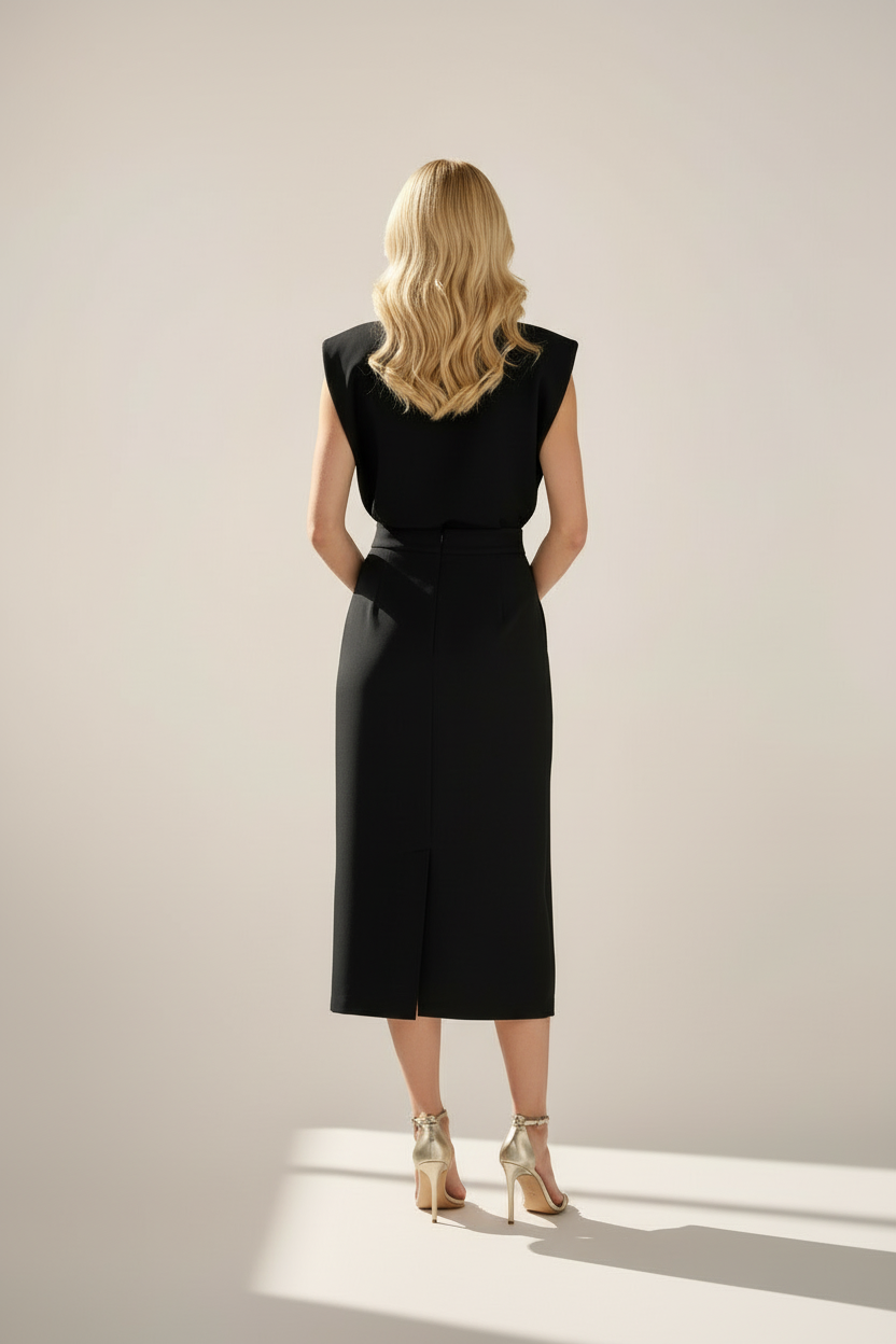Women’s Midi Dress with Structured Shoulders and Side Button Detail