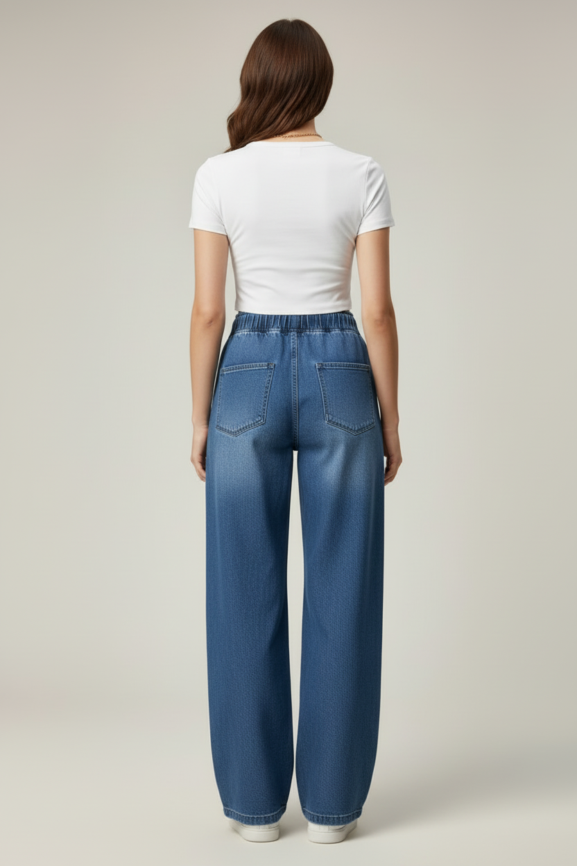 High Waist Womens Wide Leg Trousers with Elastic Waist and Piping Detail