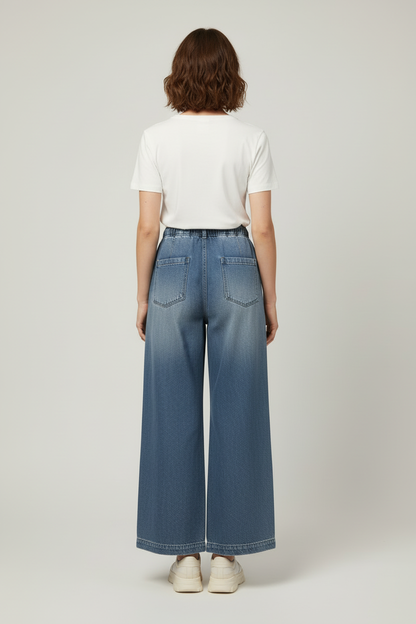 Wide Leg Womens Trousers with Drawstring Waist and Button Detail