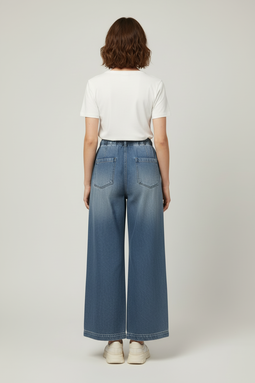 Wide Leg Womens Trousers with Drawstring Waist and Button Detail