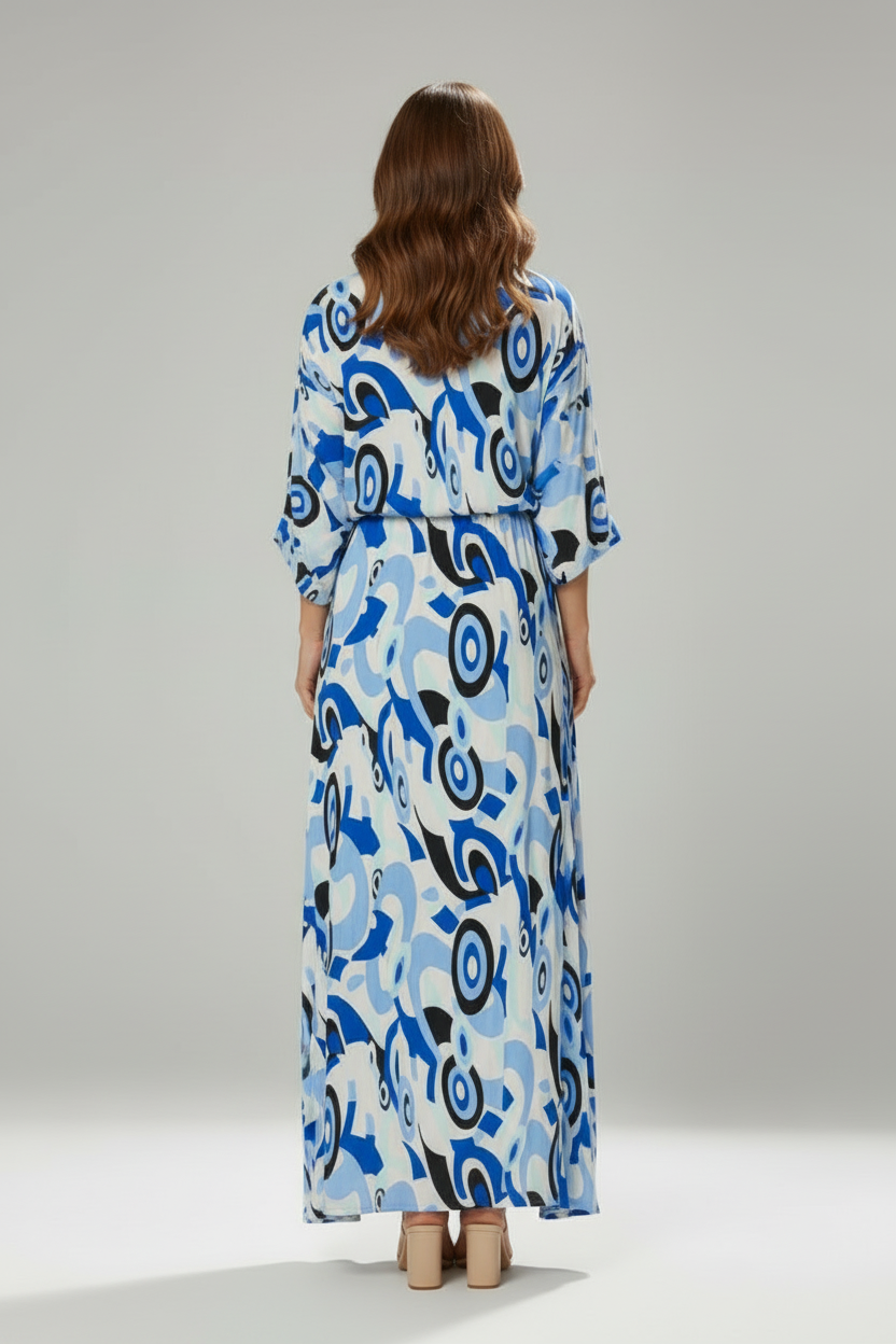 Printed Maxi Dress with V Neck and Tie Waist Detail
