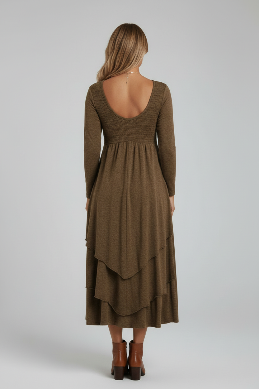 Tiered Midi Dress with Long Sleeves and Heart Detail