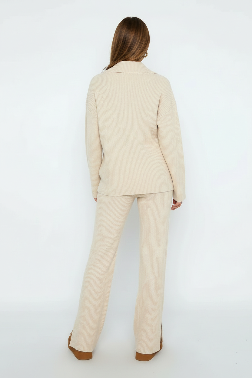 Ribbed Lounge Co Ord Set with Half Zip Top and Flared Trousers