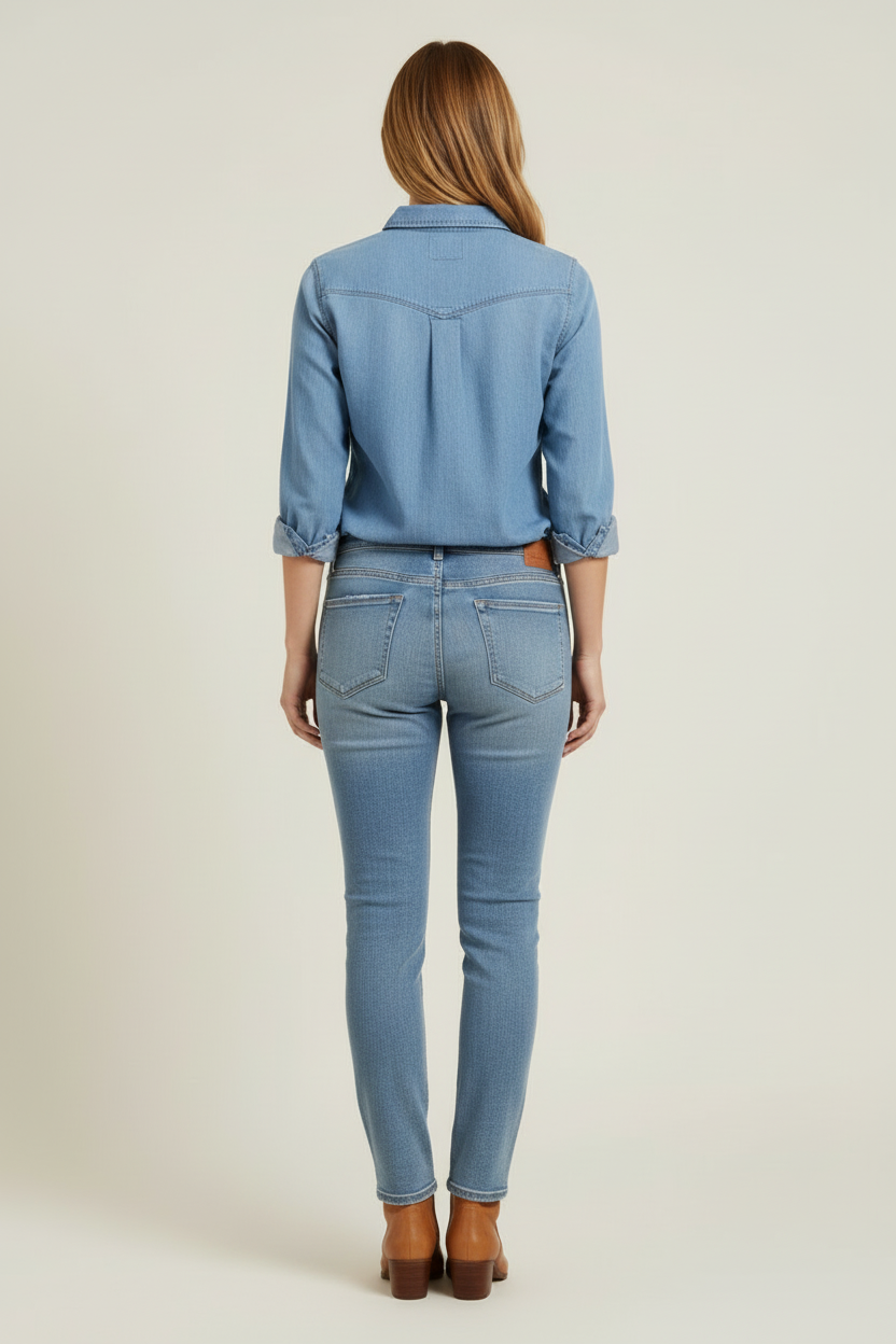 Denim Button Shirt with Chest Pockets and Curved Hem