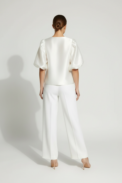 Satin Blouse with Puff Sleeves and Clean Neckline