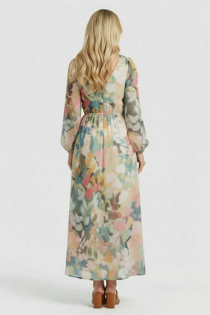 Women’s Floral Maxi Dress with V-Neck and Long Sleeves