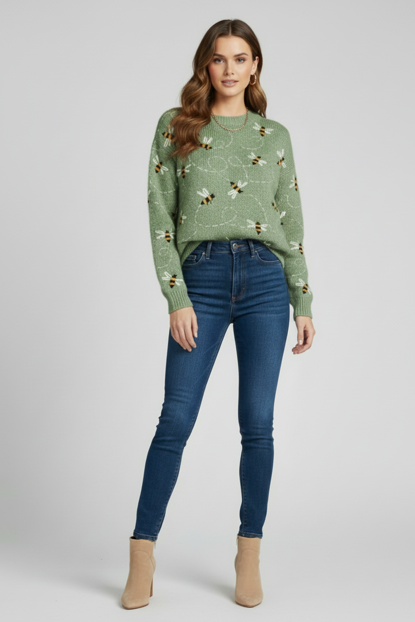 Womens Knit Sweater with Bee Pattern and Textured Body