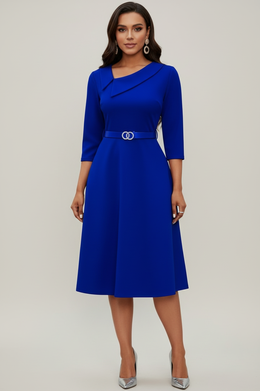 Midi Womens Dress with Asymmetrical Neckline and Belted Waist